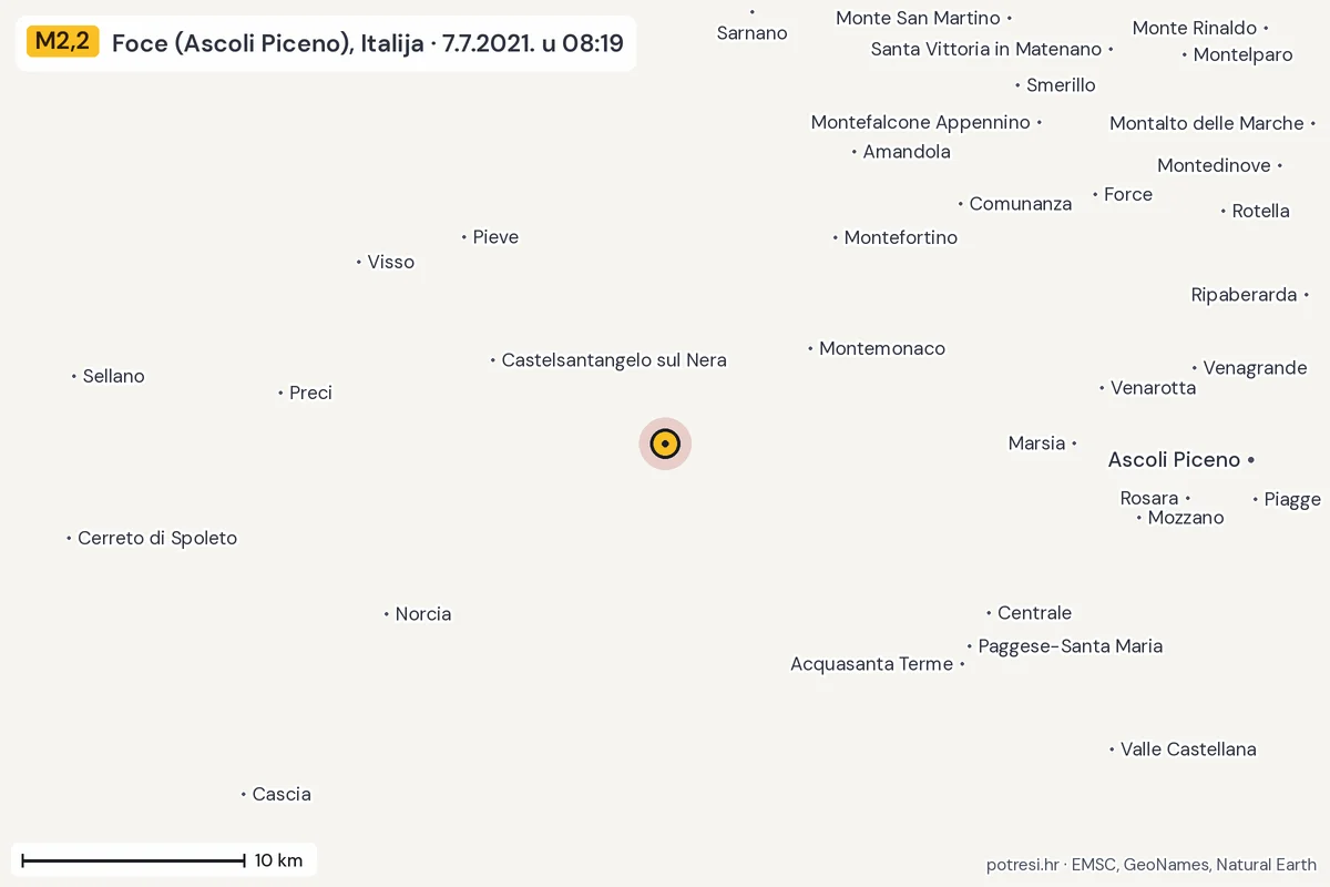 Karta: okolica epicentra, 60 km, potres M2,2, Foce (Ascoli Piceno), Italija, 7.7.2021.