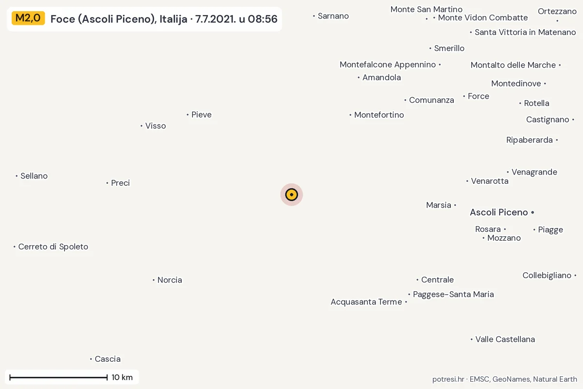 Karta: okolica epicentra, 60 km, potres M2,0, Foce (Ascoli Piceno), Italija, 7.7.2021.