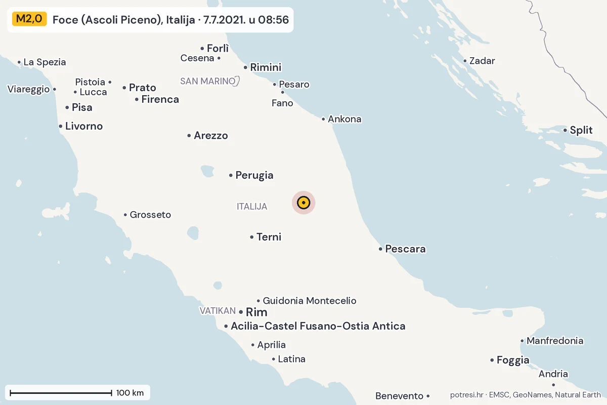 Karta: šire područje, 600 km, potres M2,0, Foce (Ascoli Piceno), Italija, 7.7.2021.