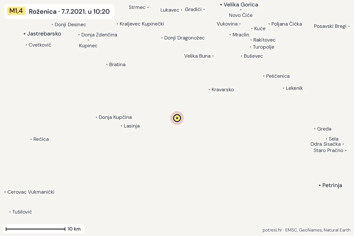 Karta: okolica epicentra, 60 km, potres M1,4, Roženica, 7.7.2021.