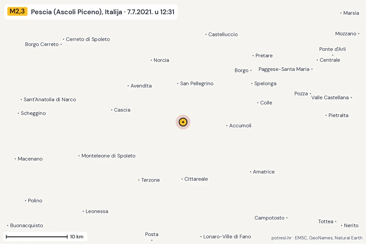 Karta: okolica epicentra, 60 km, potres M2,3, Pescia (Ascoli Piceno), Italija, 7.7.2021.