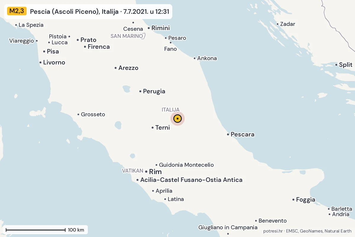 Karta: šire područje, 600 km, potres M2,3, Pescia (Ascoli Piceno), Italija, 7.7.2021.