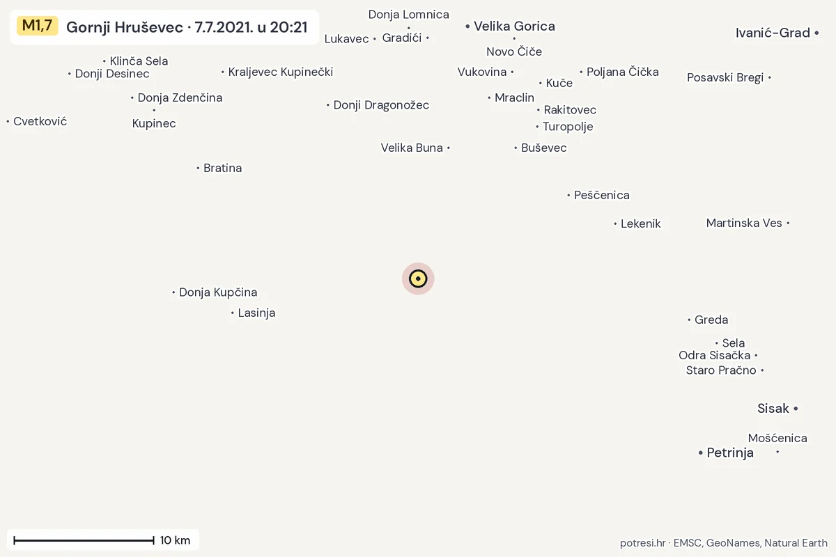 Karta: okolica epicentra, 60 km, potres M1,7, Gornji Hruševec, 7.7.2021.