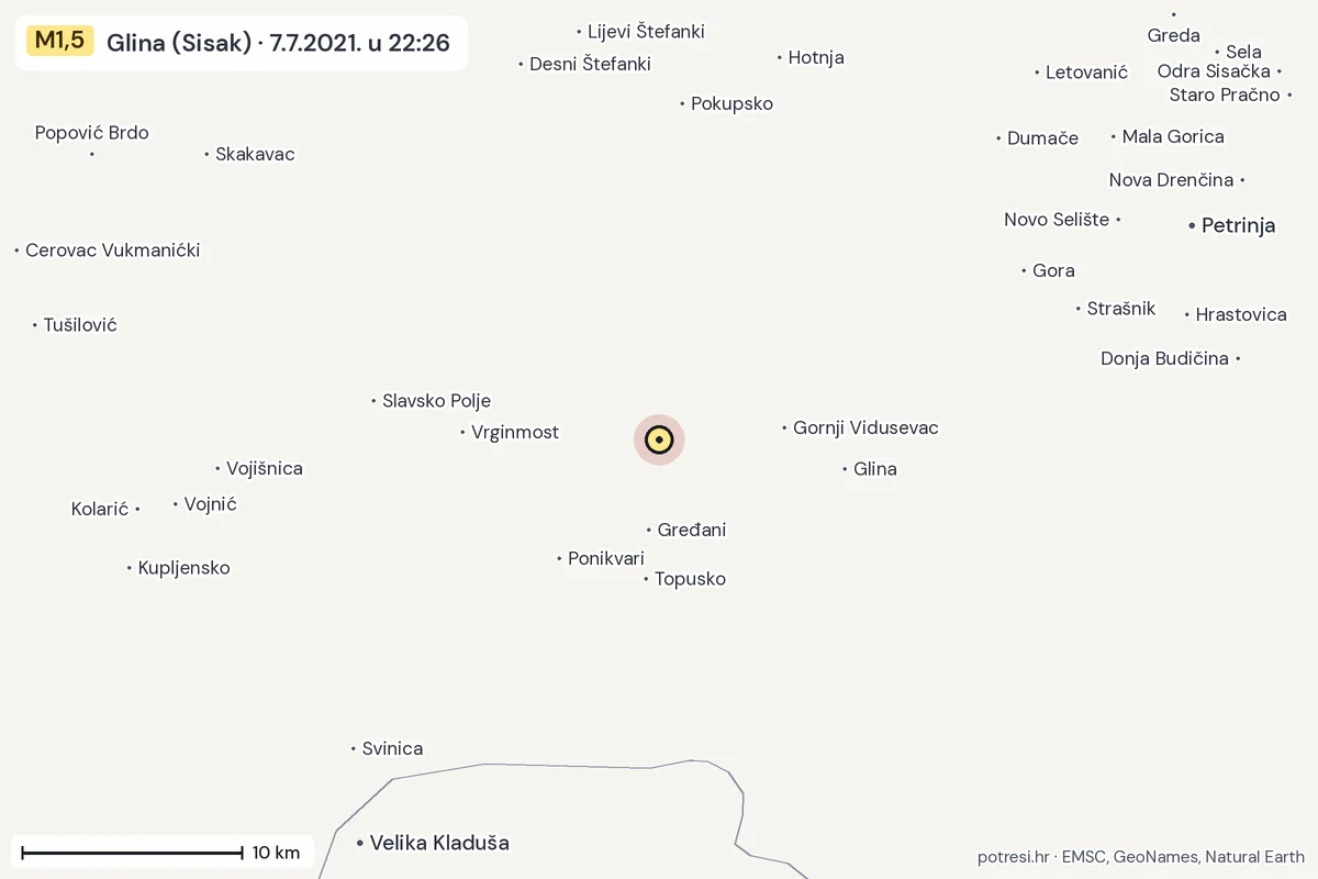 Karta: okolica epicentra, 60 km, potres M1,5, Glina (Sisak), 7.7.2021.