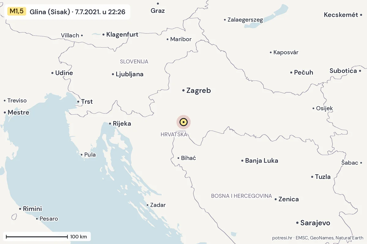 Karta: šire područje, 600 km, potres M1,5, Glina (Sisak), 7.7.2021.