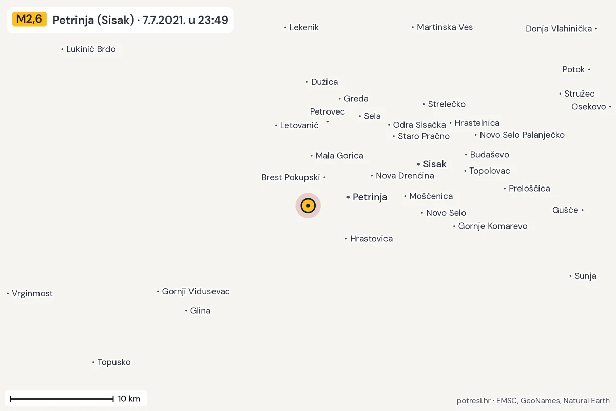 Karta: okolica epicentra, 60 km, potres M2,6, Petrinja (Sisak), 7.7.2021.