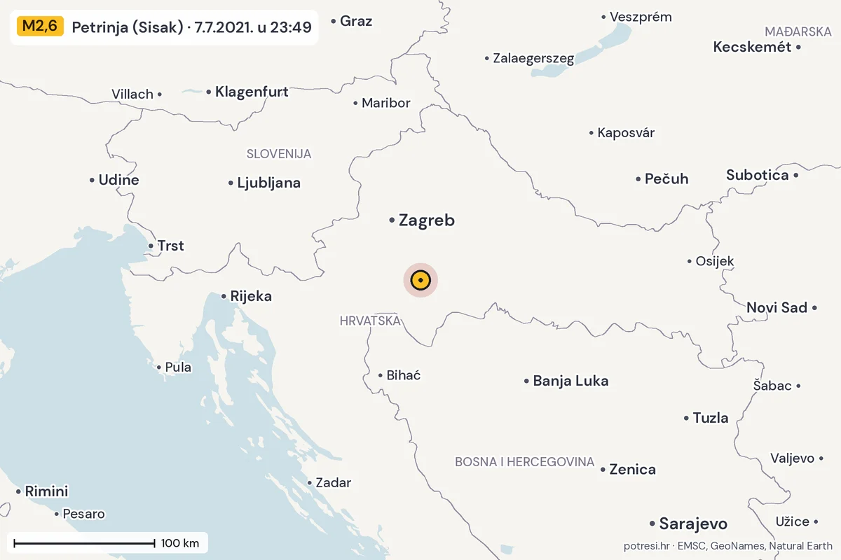 Karta: šire područje, 600 km, potres M2,6, Petrinja (Sisak), 7.7.2021.