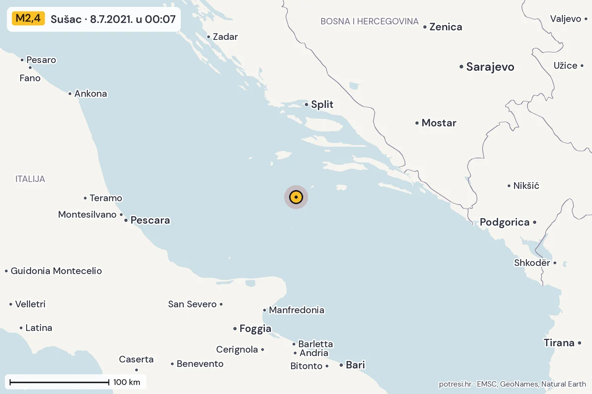 Karta: šire područje, 600 km, potres M2,4, Sušac, 8.7.2021.