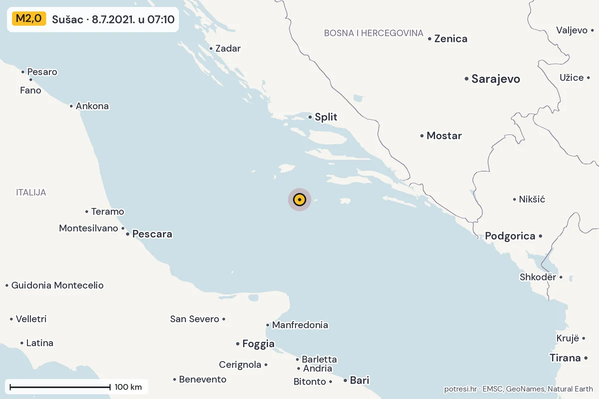 Karta: šire područje, 600 km, potres M2,0, Sušac, 8.7.2021.