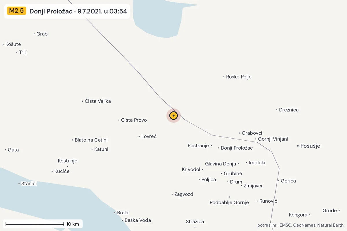 Karta: okolica epicentra, 60 km, potres M2,5, Donji Proložac, 9.7.2021.