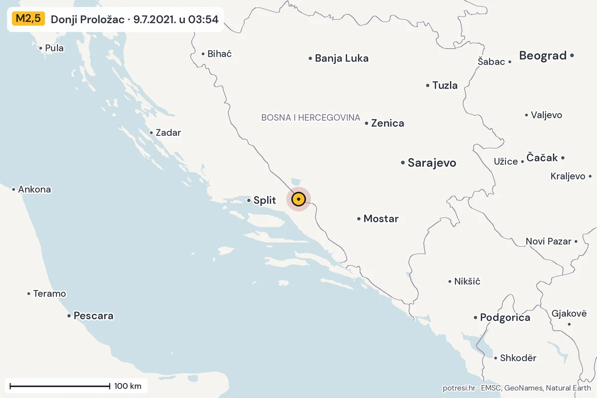 Karta: šire područje, 600 km, potres M2,5, Donji Proložac, 9.7.2021.