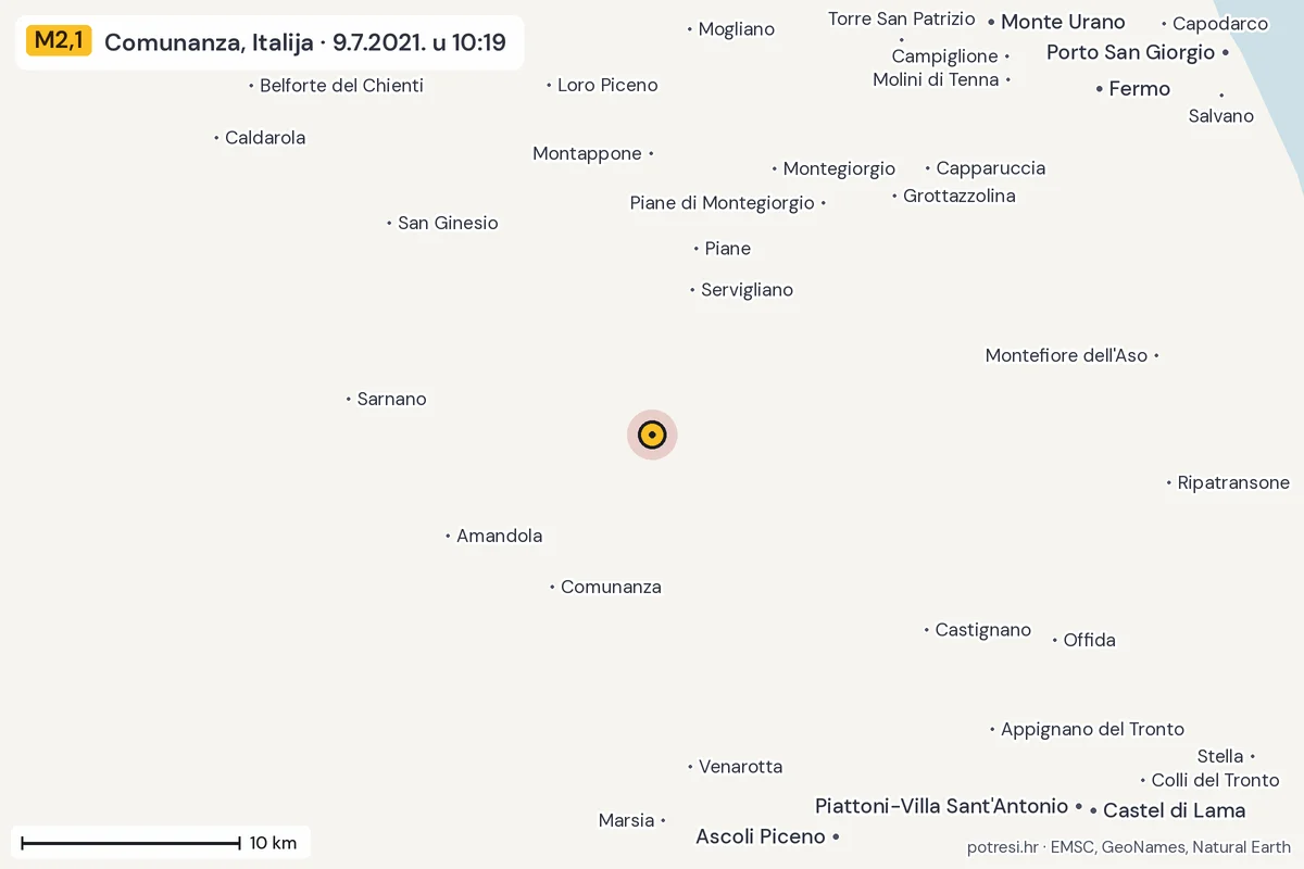 Karta: okolica epicentra, 60 km, potres M2,1, Comunanza, Italija, 9.7.2021.