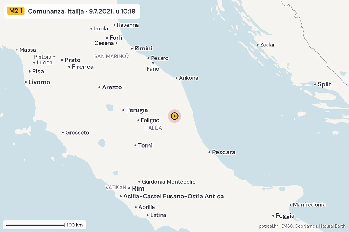 Karta: šire područje, 600 km, potres M2,1, Comunanza, Italija, 9.7.2021.