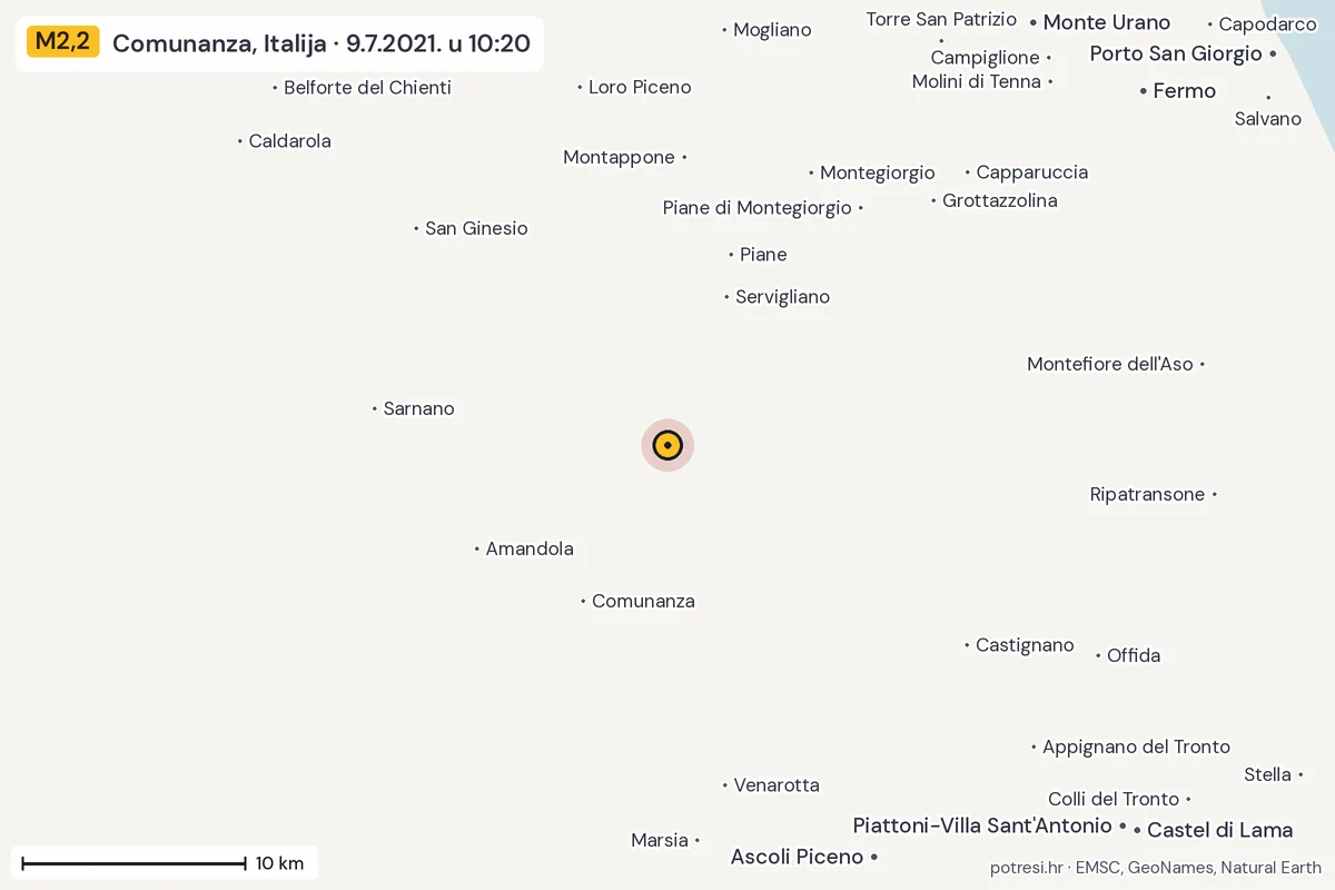 Karta: okolica epicentra, 60 km, potres M2,2, Comunanza, Italija, 9.7.2021.