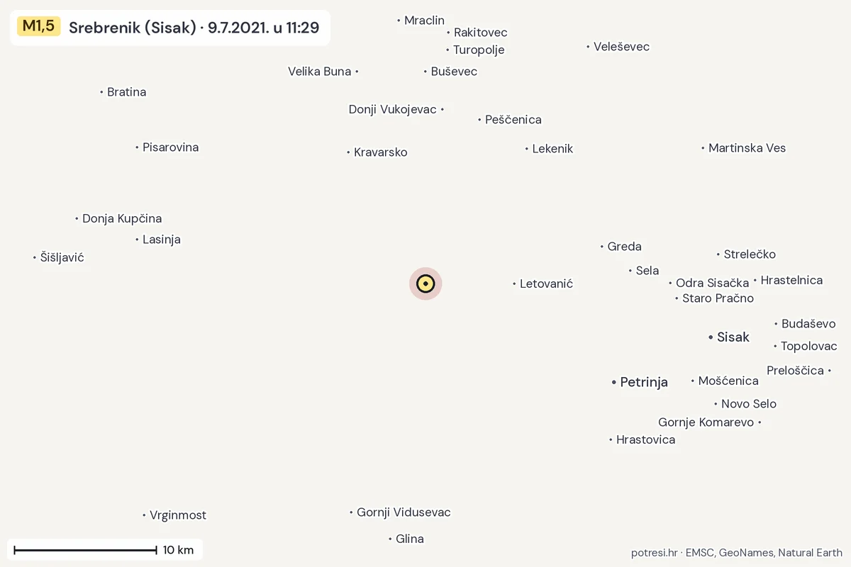 Karta: okolica epicentra, 60 km, potres M1,5, Srebrenik (Sisak), 9.7.2021.
