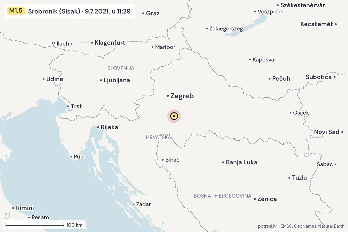 Karta: šire područje, 600 km, potres M1,5, Srebrenik (Sisak), 9.7.2021.