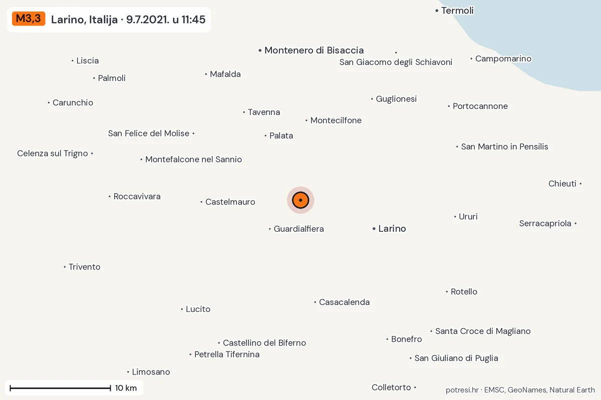 Karta: okolica epicentra, 60 km, potres M3,3, Larino, Italija, 9.7.2021.