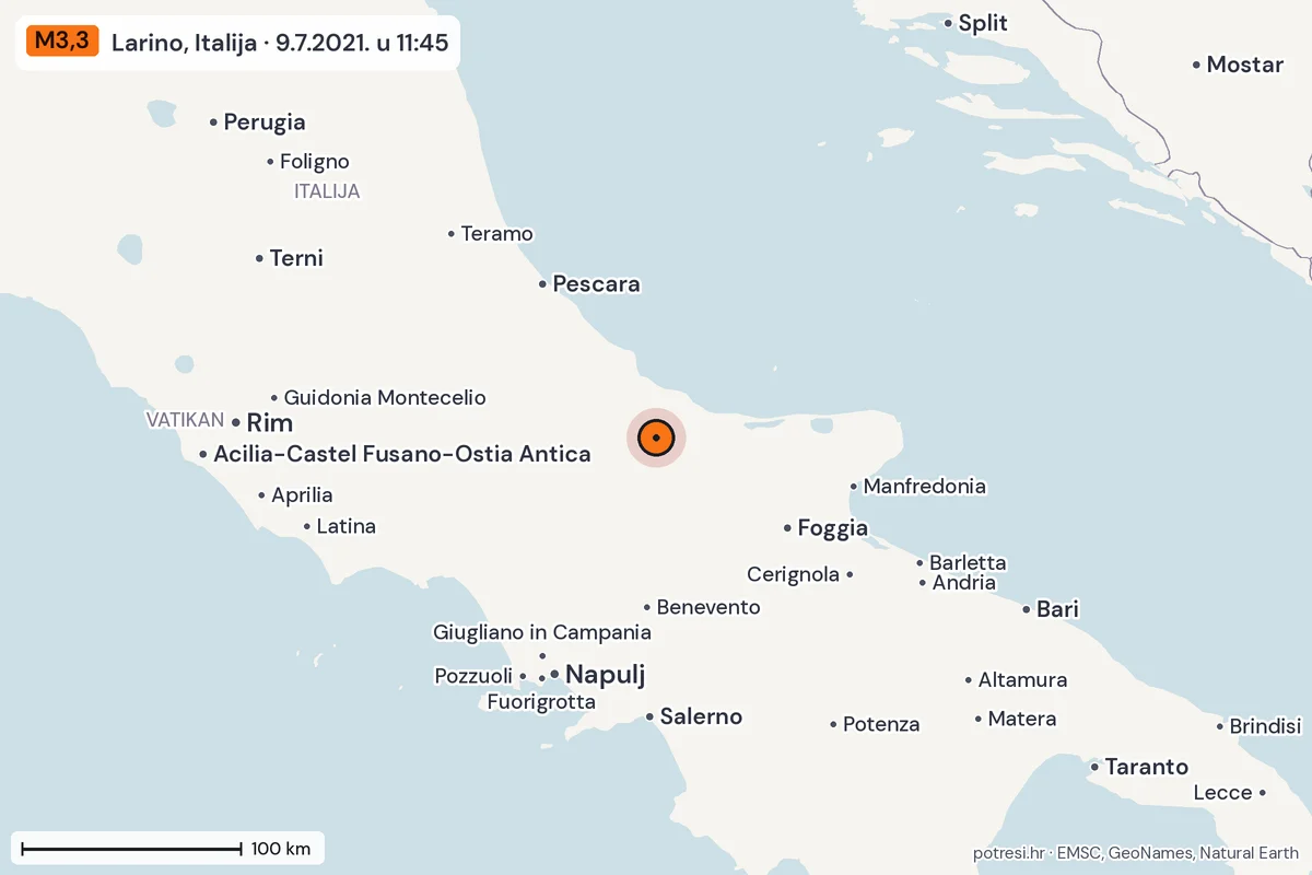 Karta: šire područje, 600 km, potres M3,3, Larino, Italija, 9.7.2021.
