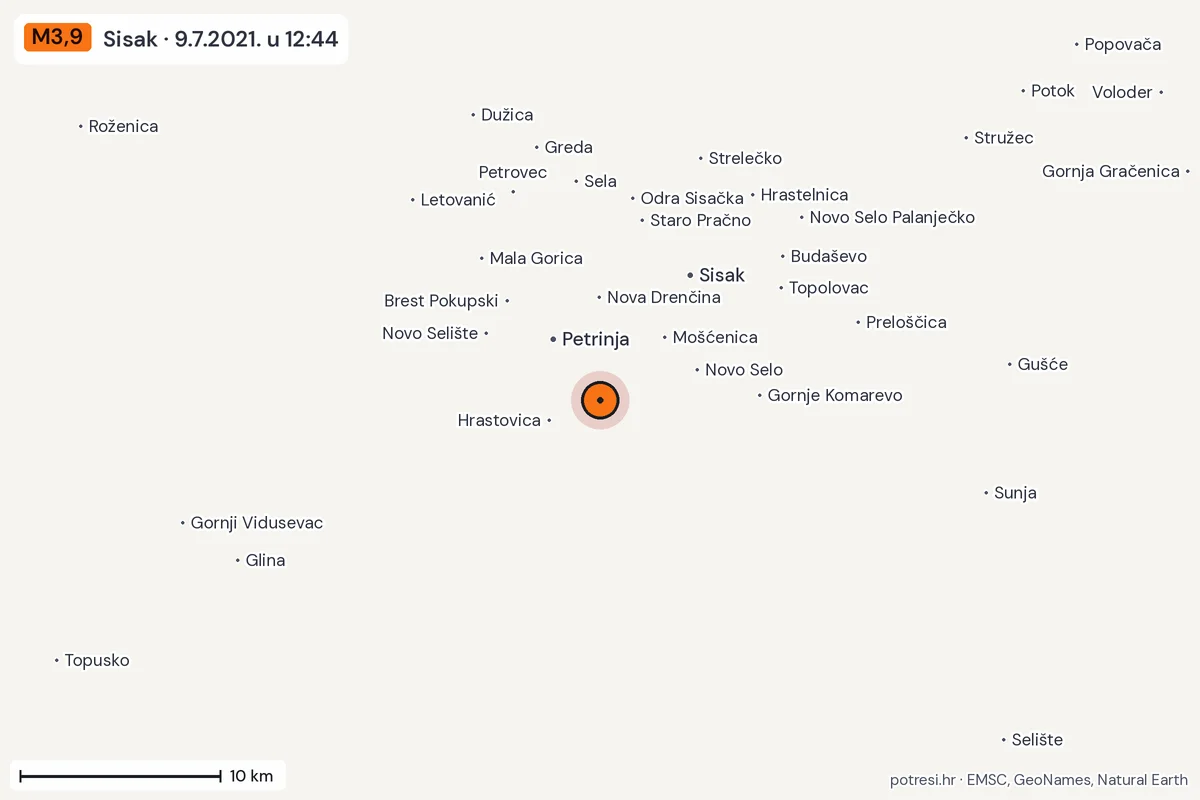 Karta: okolica epicentra, 60 km, potres M3,9, Sisak, 9.7.2021.