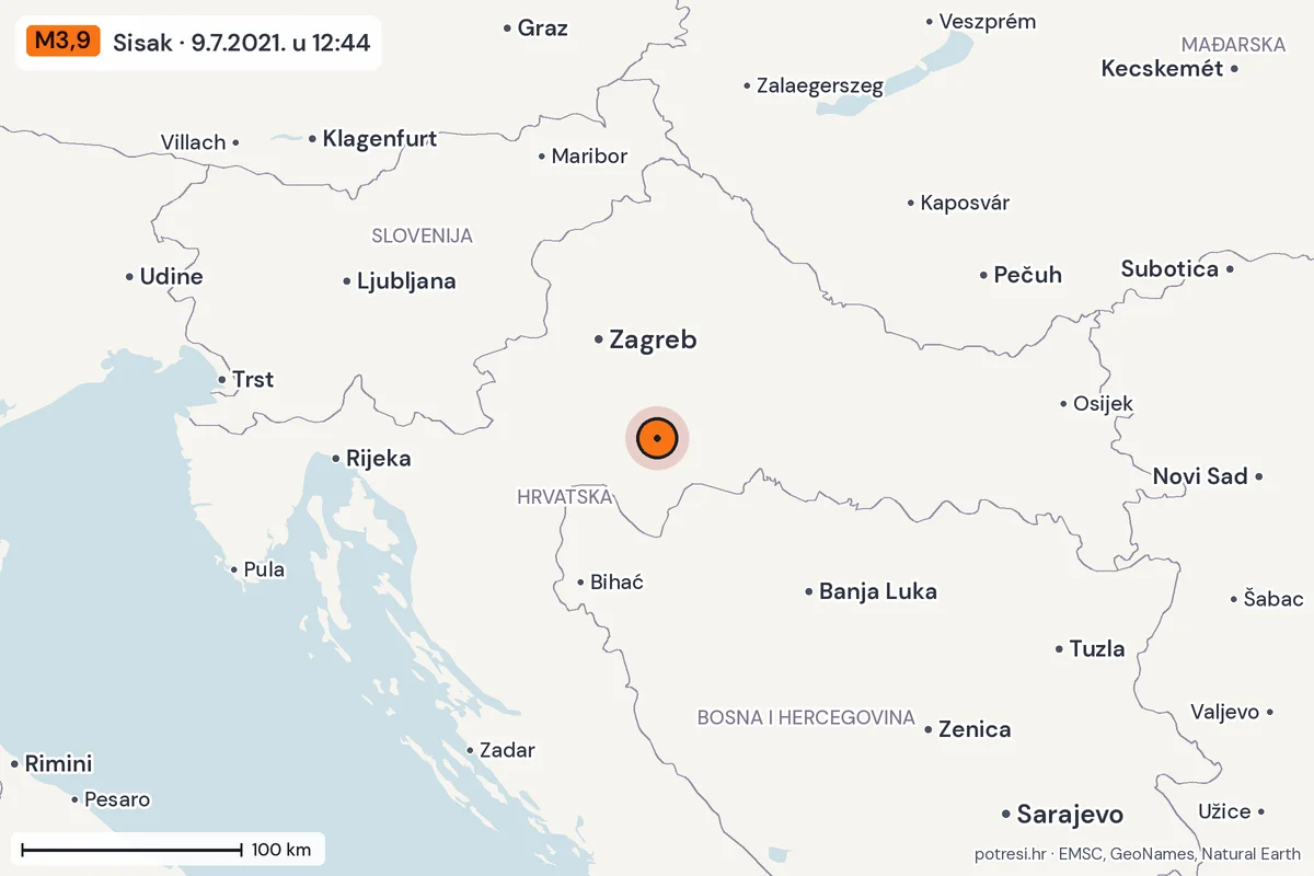 Karta: šire područje, 600 km, potres M3,9, Sisak, 9.7.2021.