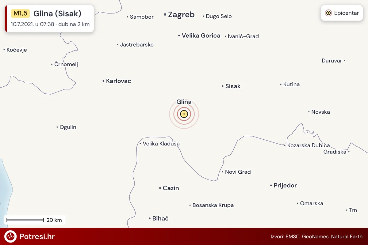 Karta: šire područje i vjerojatni doseg osjeta, potres M1,5, Glina (Sisak), 10.7.2021.
