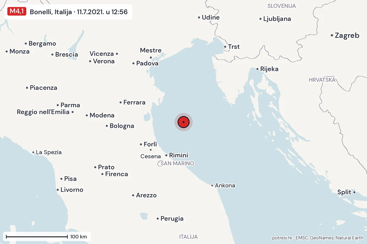 Karta: šire područje, 600 km, potres M4,1, Bonelli, Italija, 11.7.2021.