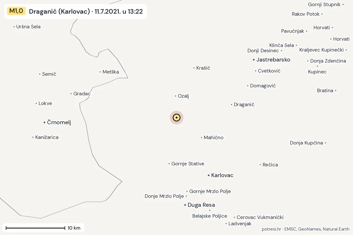 Karta: okolica epicentra, 60 km, potres M1,0, Draganić (Karlovac), 11.7.2021.