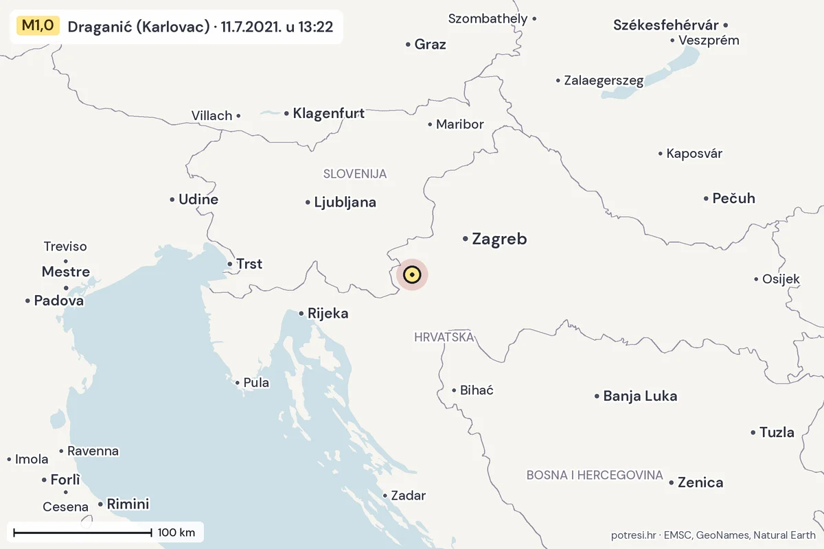 Karta: šire područje, 600 km, potres M1,0, Draganić (Karlovac), 11.7.2021.