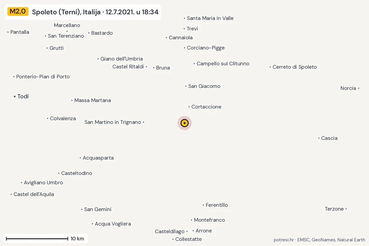 Karta: okolica epicentra, 60 km, potres M2,0, Spoleto (Terni), Italija, 12.7.2021.