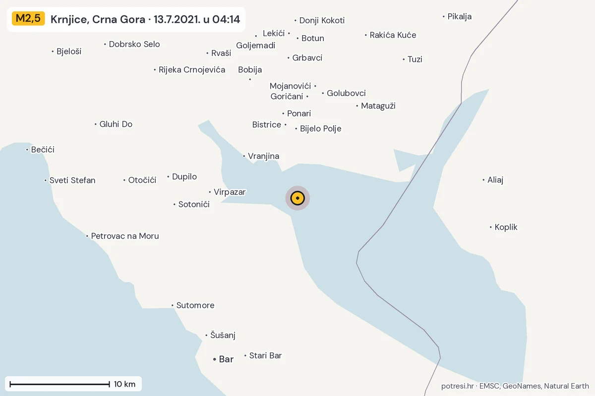 Karta: okolica epicentra, 60 km, potres M2,5, Krnjice, Crna Gora, 13.7.2021.