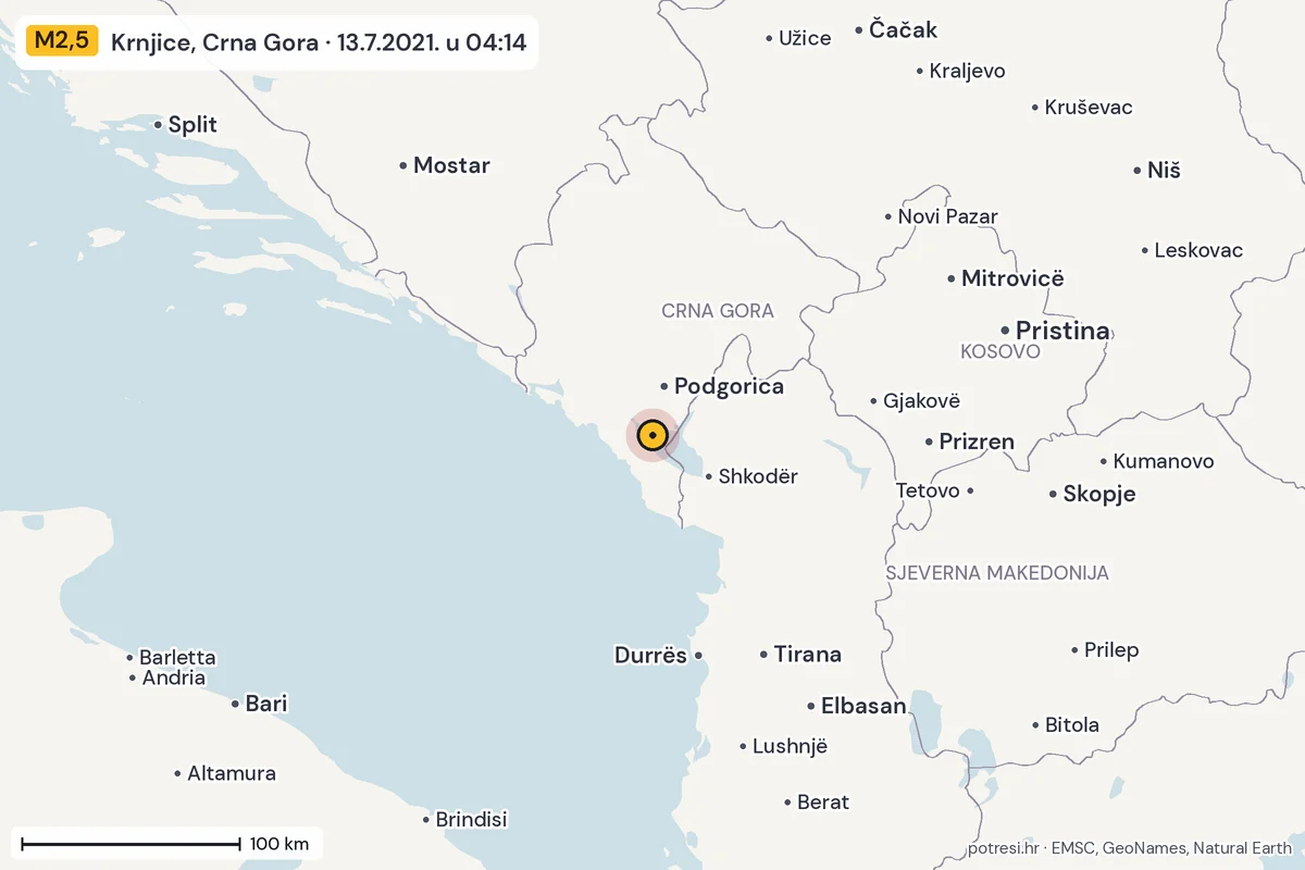 Karta: šire područje, 600 km, potres M2,5, Krnjice, Crna Gora, 13.7.2021.