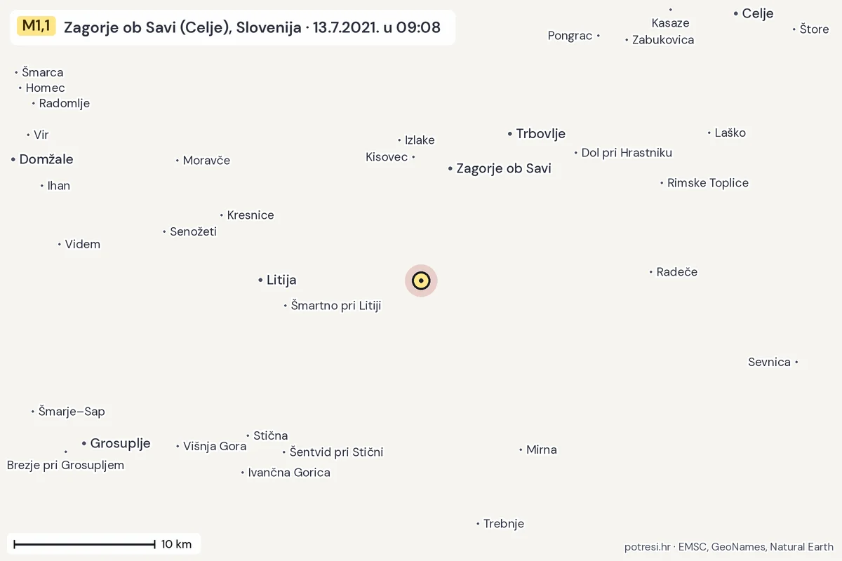 Karta: okolica epicentra, 60 km, potres M1,1, Zagorje ob Savi (Celje), Slovenija, 13.7.2021.