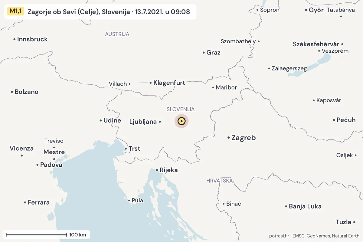Karta: šire područje, 600 km, potres M1,1, Zagorje ob Savi (Celje), Slovenija, 13.7.2021.