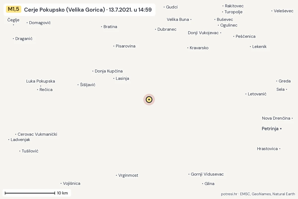 Karta: okolica epicentra, 60 km, potres M1,5, Cerje Pokupsko (Velika Gorica), 13.7.2021.