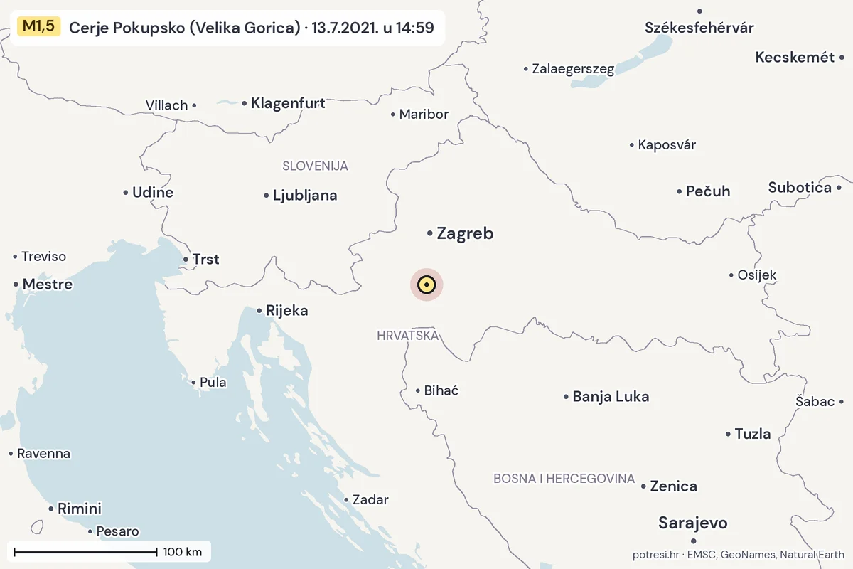 Karta: šire područje, 600 km, potres M1,5, Cerje Pokupsko (Velika Gorica), 13.7.2021.