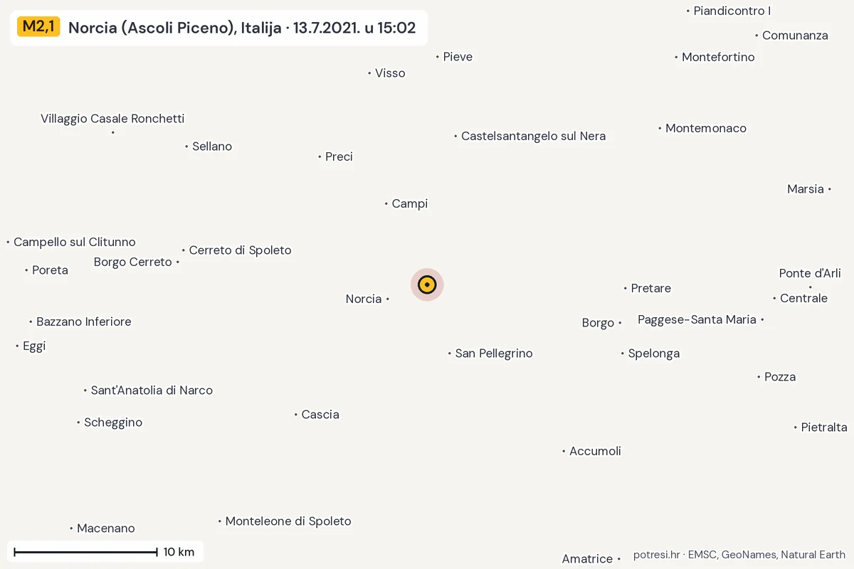 Karta: okolica epicentra, 60 km, potres M2,1, Norcia (Ascoli Piceno), Italija, 13.7.2021.