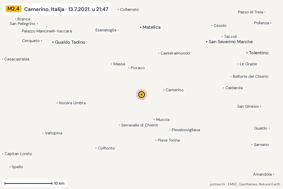 Karta: okolica epicentra, 60 km, potres M2,4, Camerino, Italija, 13.7.2021.