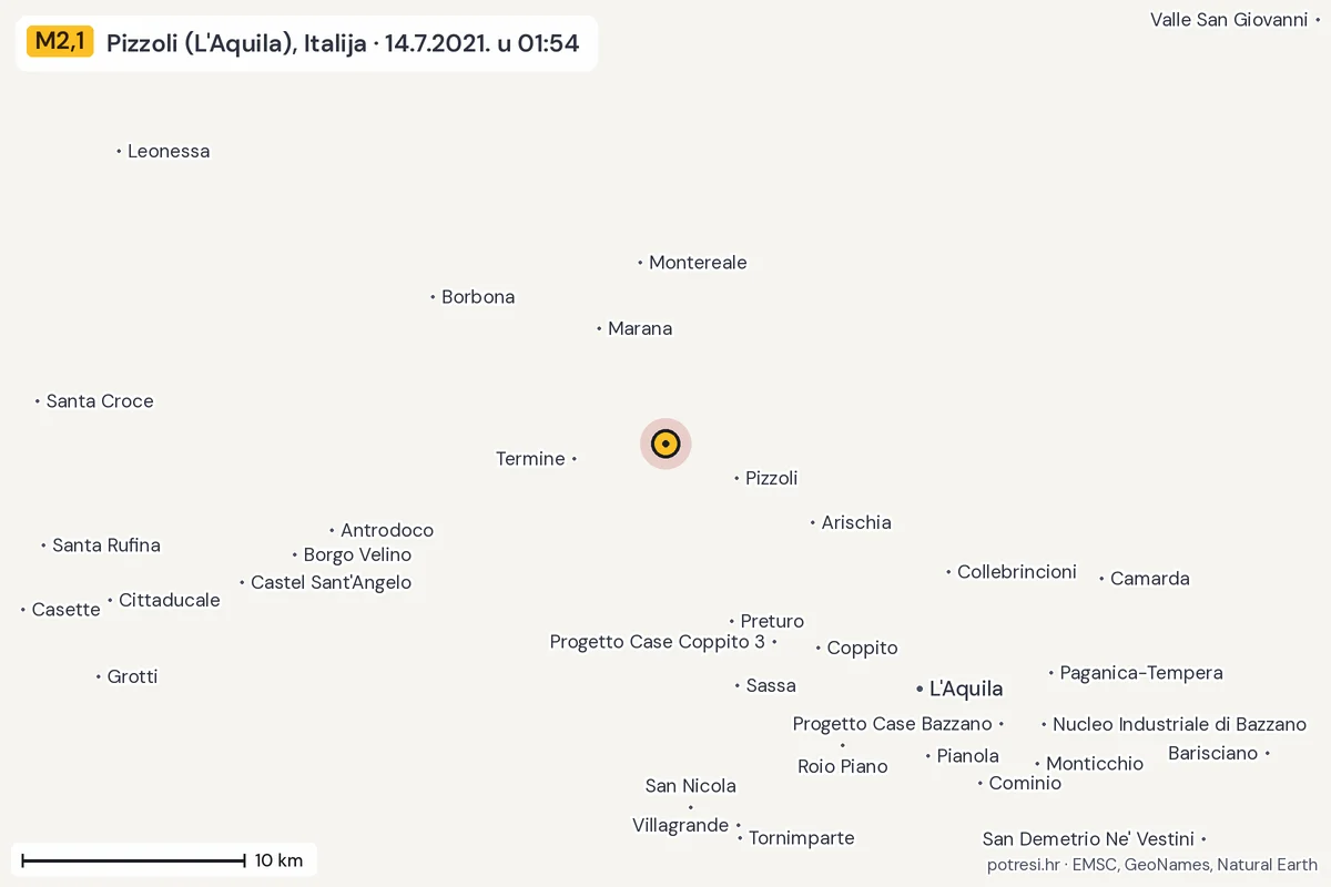 Karta: okolica epicentra, 60 km, potres M2,1, Pizzoli (L'Aquila), Italija, 14.7.2021.