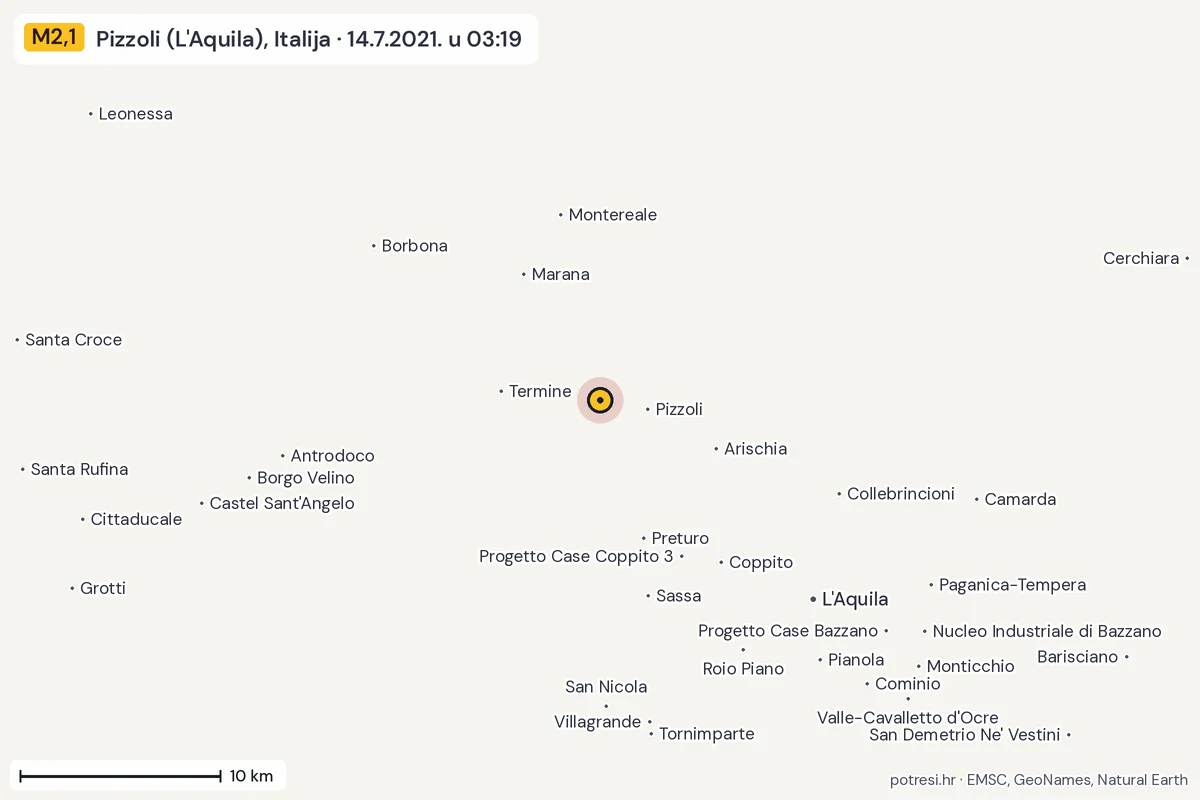 Karta: okolica epicentra, 60 km, potres M2,1, Pizzoli (L'Aquila), Italija, 14.7.2021.