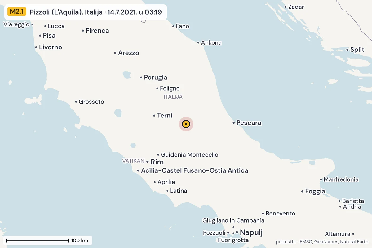 Karta: šire područje, 600 km, potres M2,1, Pizzoli (L'Aquila), Italija, 14.7.2021.