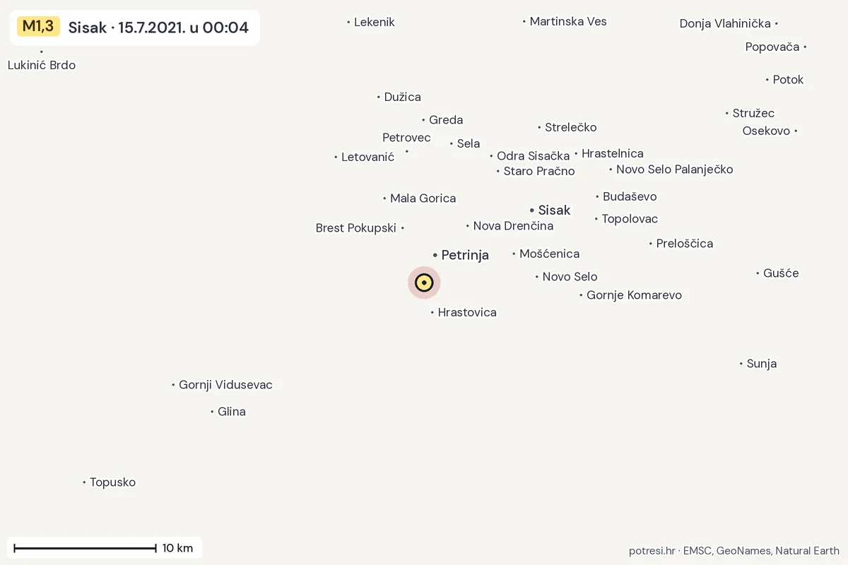 Karta: okolica epicentra, 60 km, potres M1,3, Sisak, 15.7.2021.