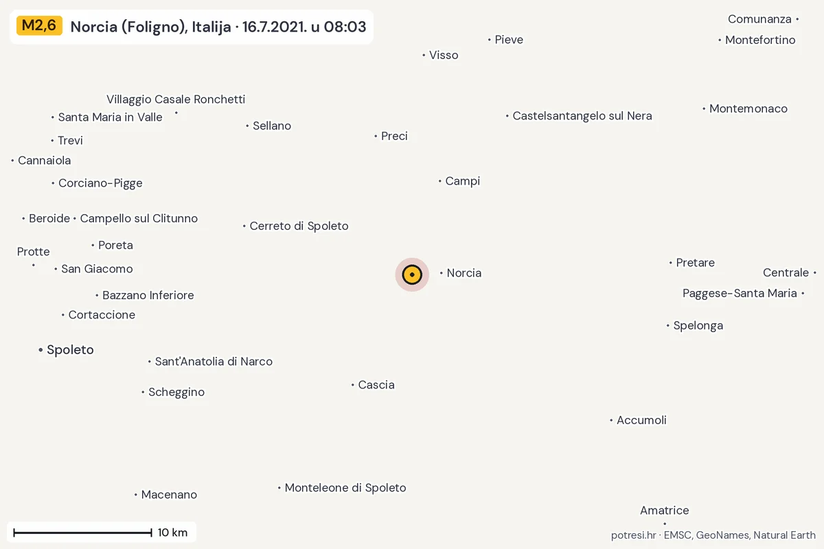 Karta: okolica epicentra, 60 km, potres M2,6, Norcia (Foligno), Italija, 16.7.2021.