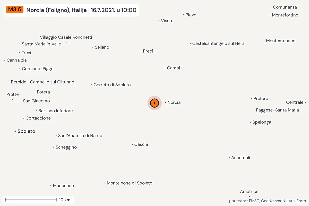 Karta: okolica epicentra, 60 km, potres M3,5, Norcia (Foligno), Italija, 16.7.2021.