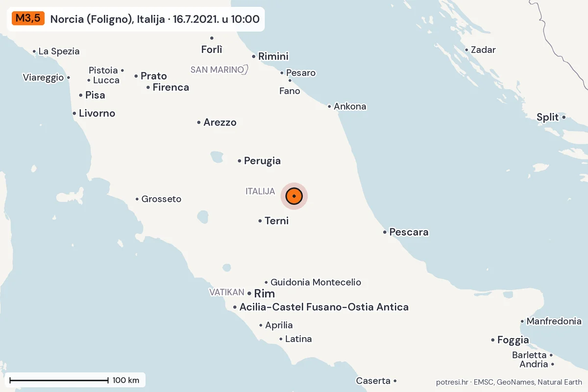 Karta: šire područje, 600 km, potres M3,5, Norcia (Foligno), Italija, 16.7.2021.