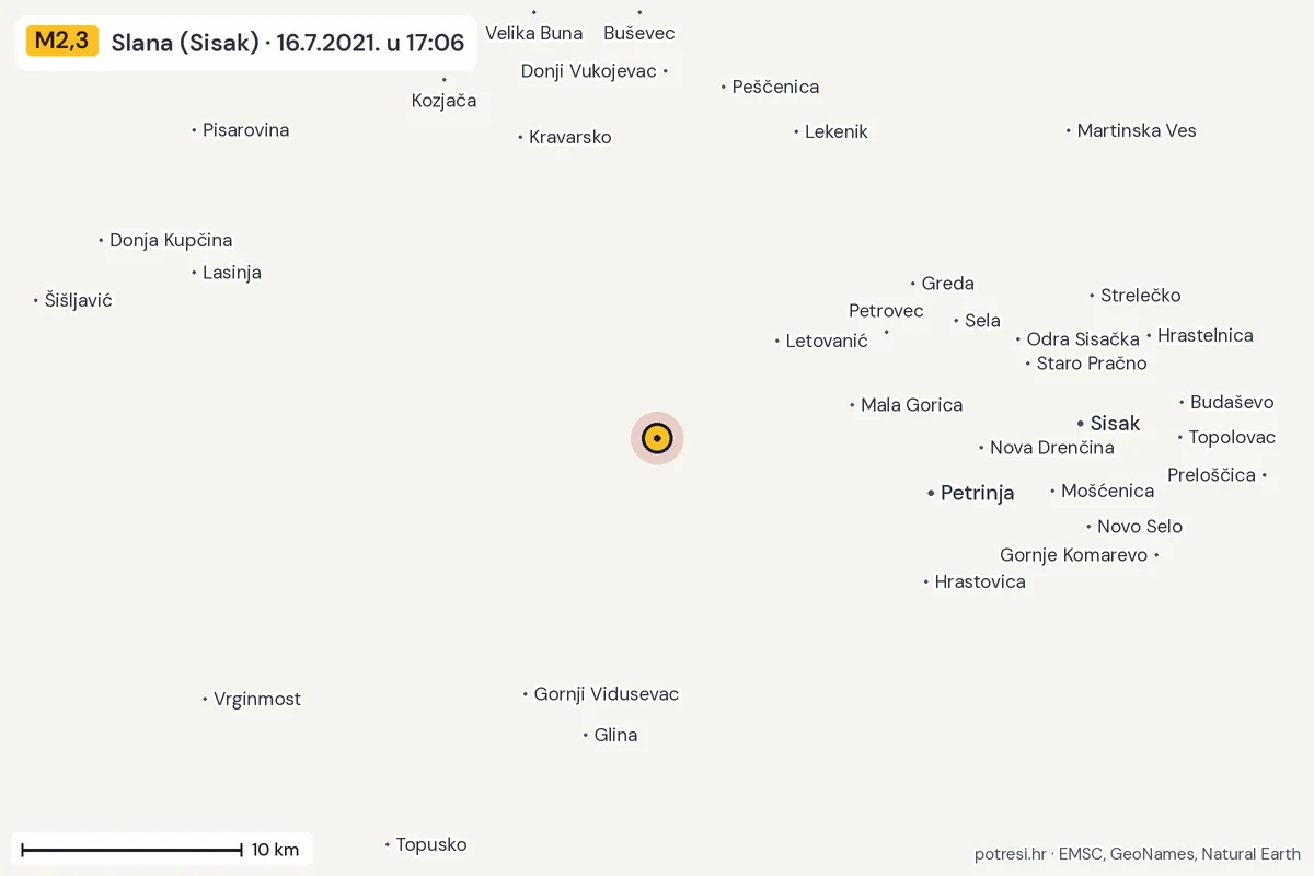Karta: okolica epicentra, 60 km, potres M2,3, Slana (Sisak), 16.7.2021.