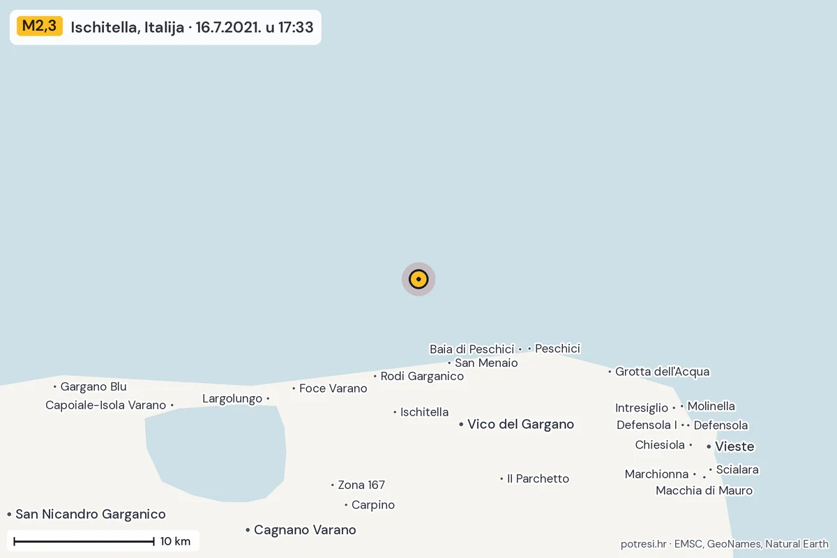 Karta: okolica epicentra, 60 km, potres M2,3, Ischitella, Italija, 16.7.2021.