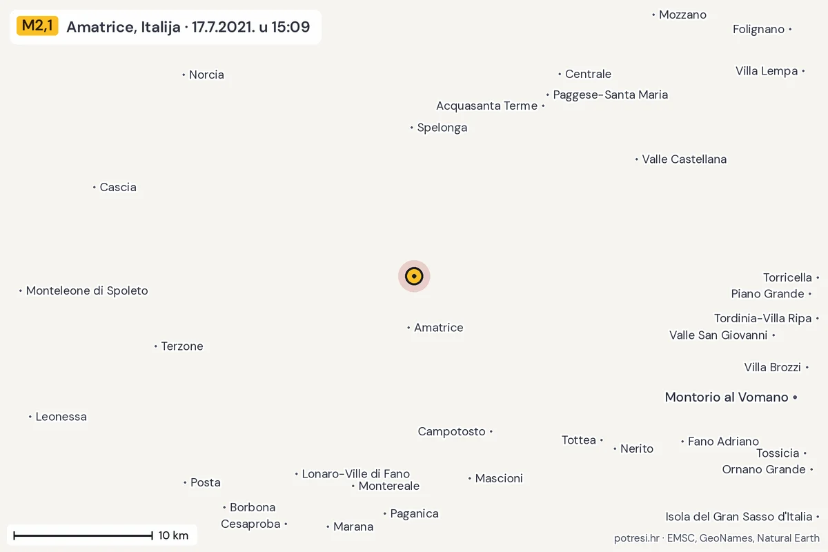 Karta: okolica epicentra, 60 km, potres M2,1, Amatrice, Italija, 17.7.2021.