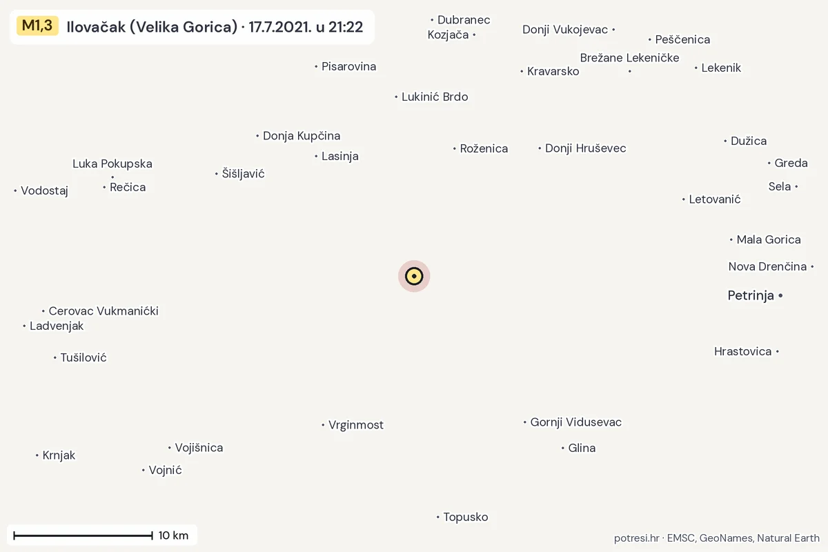 Karta: okolica epicentra, 60 km, potres M1,3, Ilovačak (Velika Gorica), 17.7.2021.