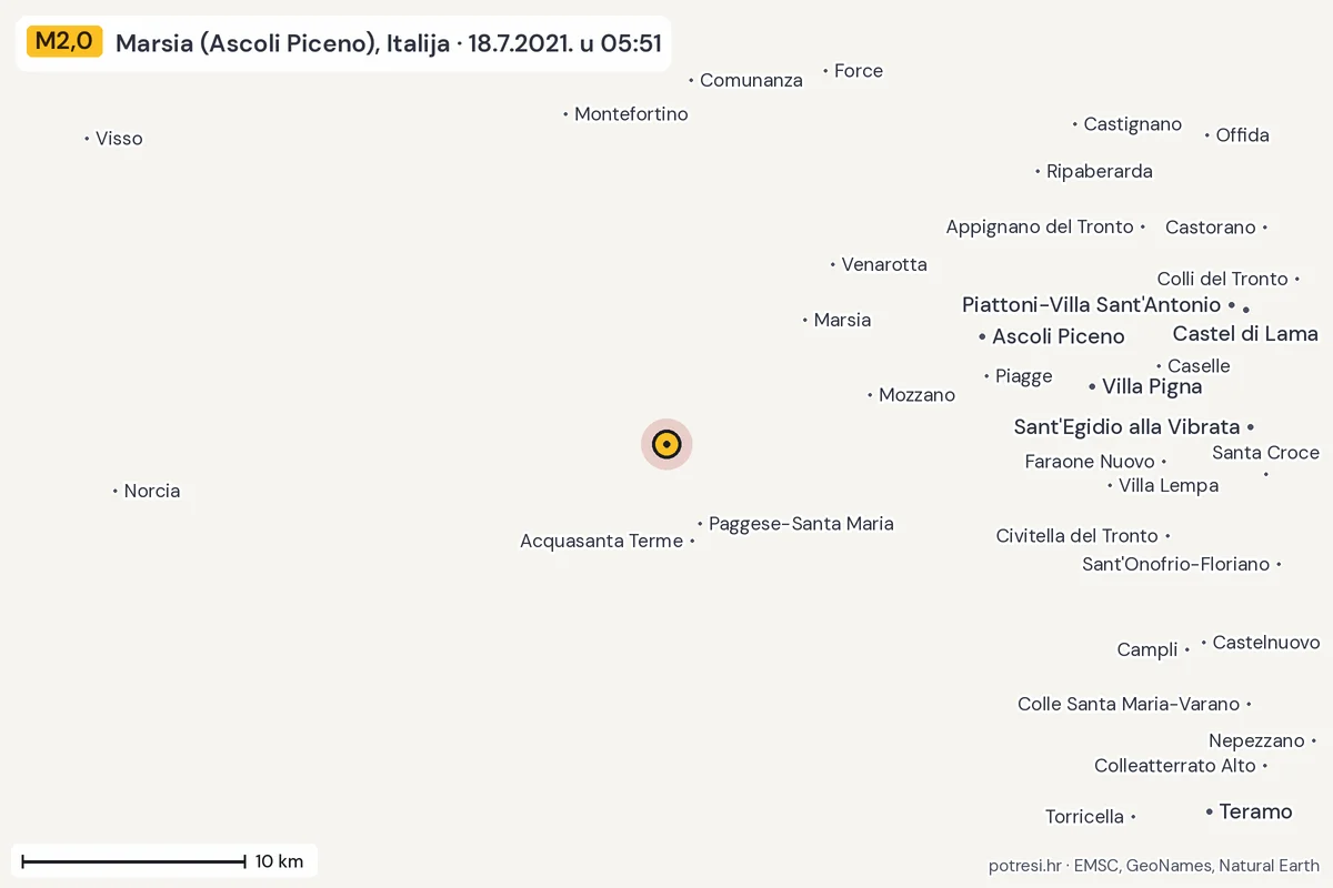 Karta: okolica epicentra, 60 km, potres M2,0, Marsia (Ascoli Piceno), Italija, 18.7.2021.