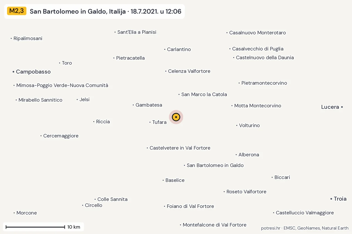 Karta: okolica epicentra, 60 km, potres M2,3, San Bartolomeo in Galdo, Italija, 18.7.2021.